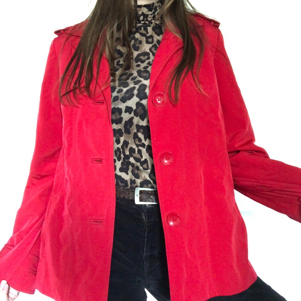 Bright red belted vintage peacoat